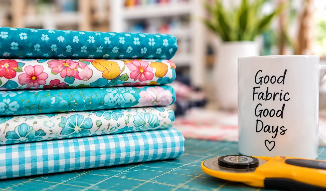Turquoise floral fabric, a sewing mug and rotary cutter